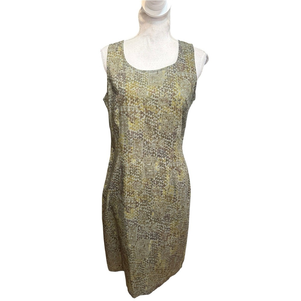Vintage Peruvian Connection Cotton Sheath Dress Sz 12 Green Aztec Tribal Print